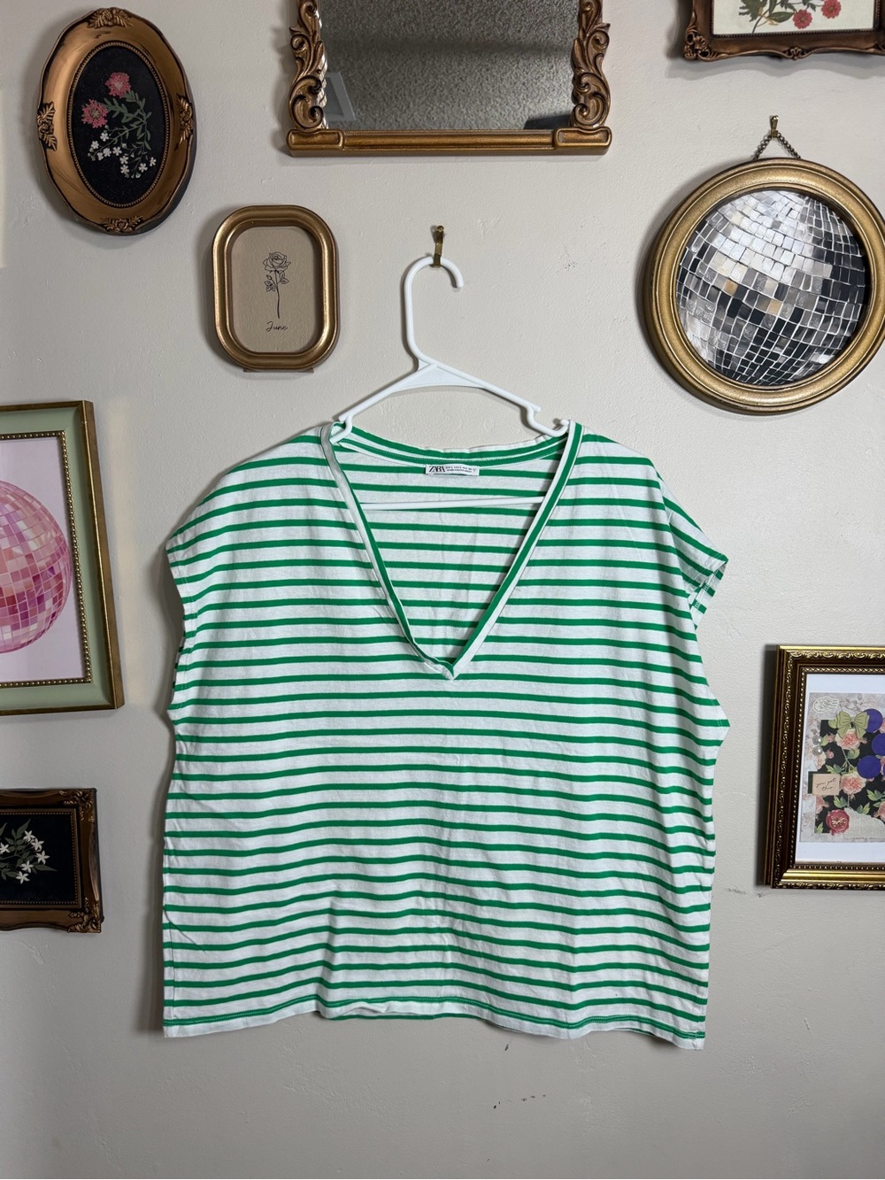 Zara White & Green Striped V-Neck Tank Top